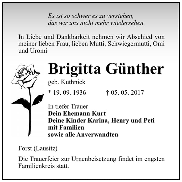 Traueranzeige Brigitta Günther, geb. Kuthnick