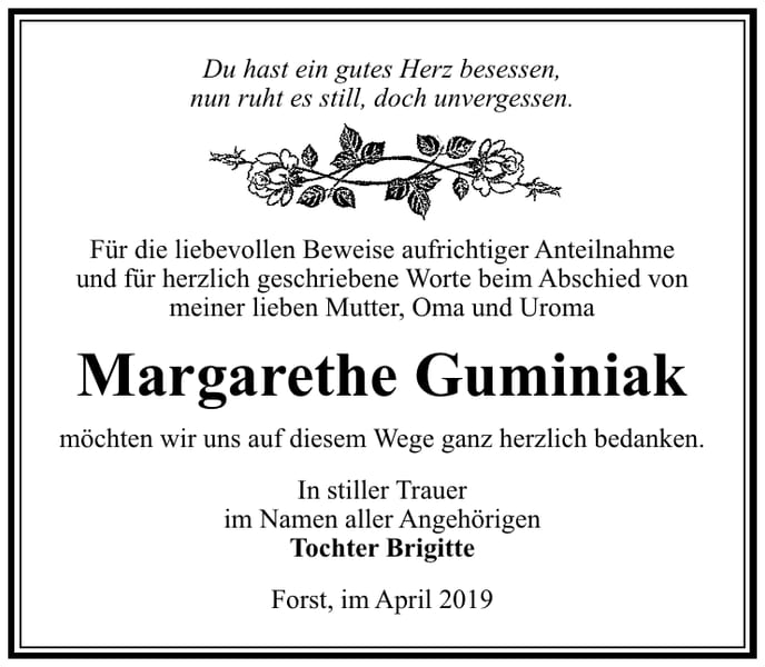 Traueranzeige Margarethe Guminiak