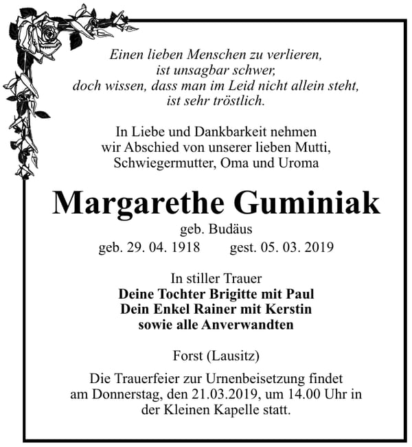 Traueranzeige Margarethe Guminiak, geb. Budäus