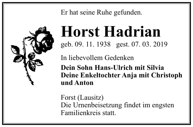 Traueranzeige Horst Hadrian