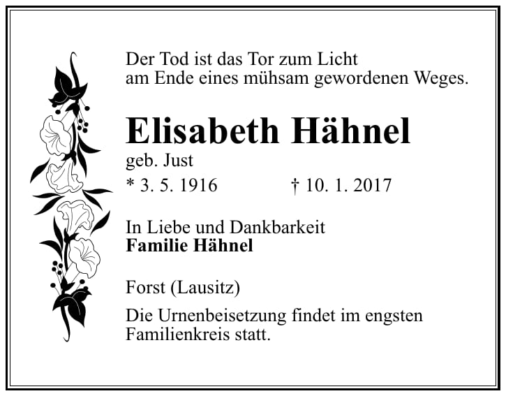 Traueranzeige Elisabeth Hähnel, geb. Just