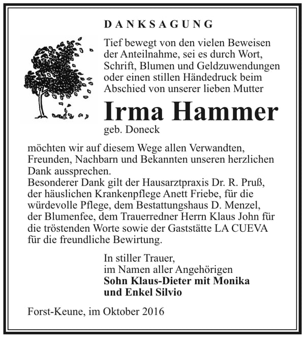 Danksagung Irma Hammer, geb. Doneck