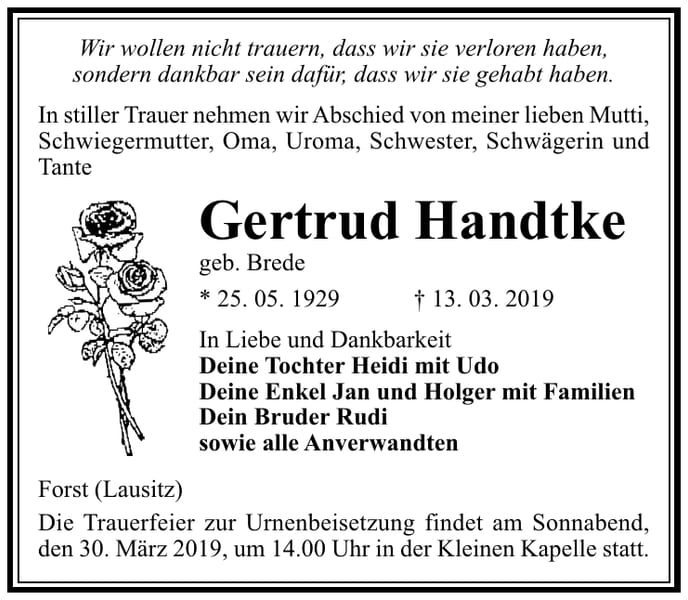 Traueranzeige Gertrud Handtke, geb. Brede