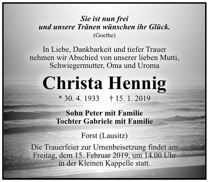 Traueranzeige Christa Hennig