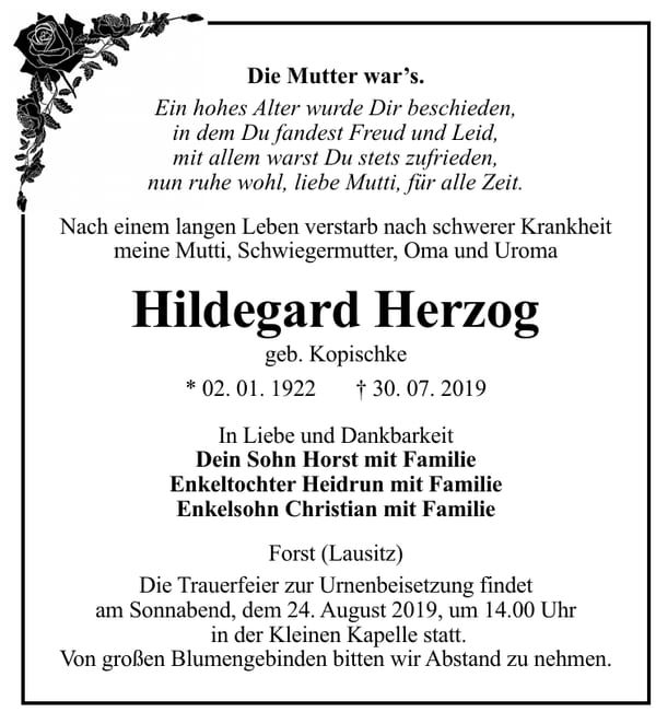 Traueranzeige Hildegard Herzog, geb. Kopischke