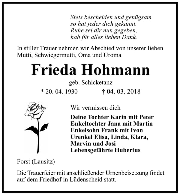 Traueranzeige Frieda Hohmann, geb. Schicketanz