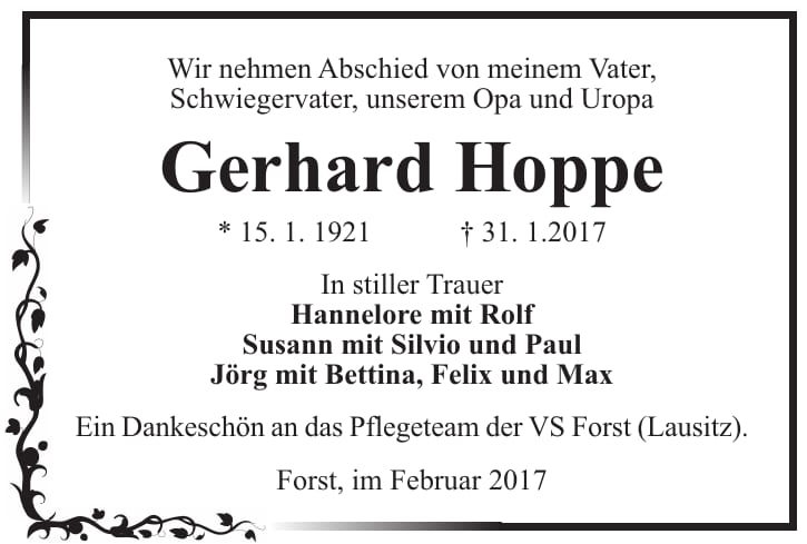 Traueranzeige Gerhard Hoppe
