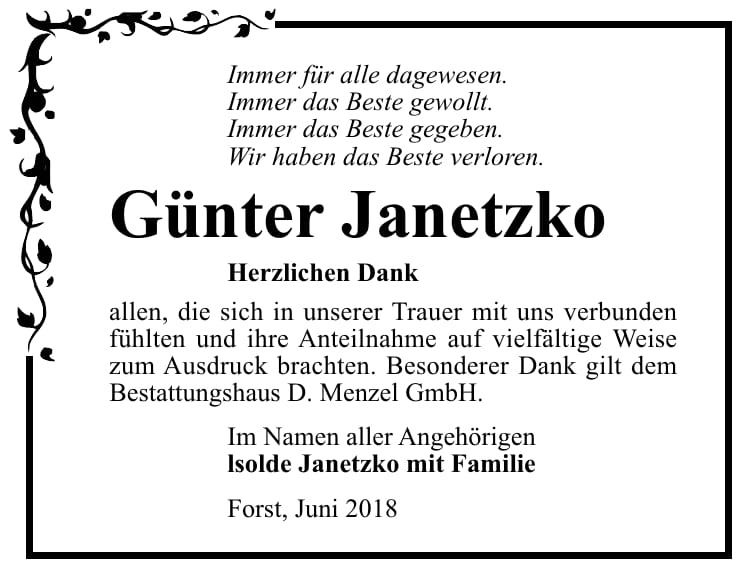 Danksagung Günter Janetzko