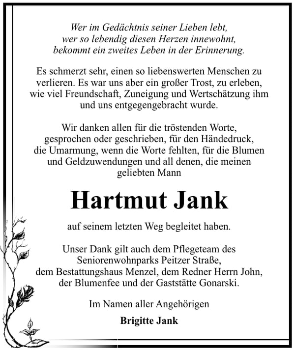 Traueranzeige Hartmut Jank