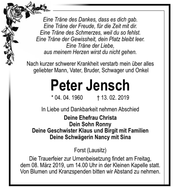 Traueranzeige Peter Jensch