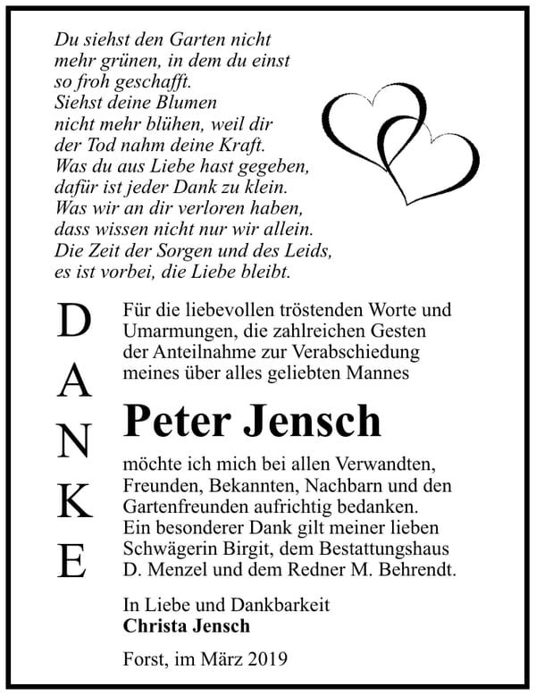 Traueranzeige Peter Jensch