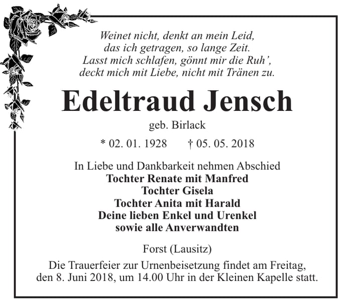 Traueranzeige Edeltraud Jensch, geb. Birlack