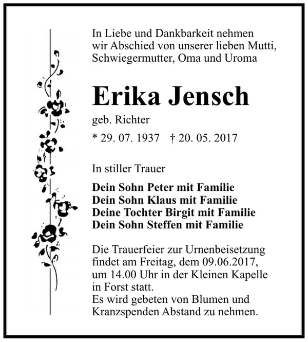 Traueranzeige Erika Jensch, geb. Richter