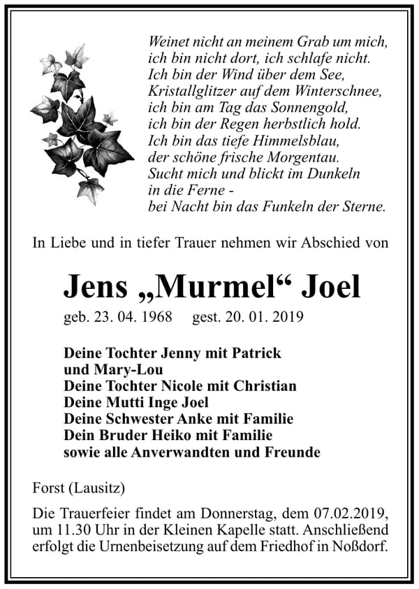 Traueranzeige Jens „Murmel“ Joel