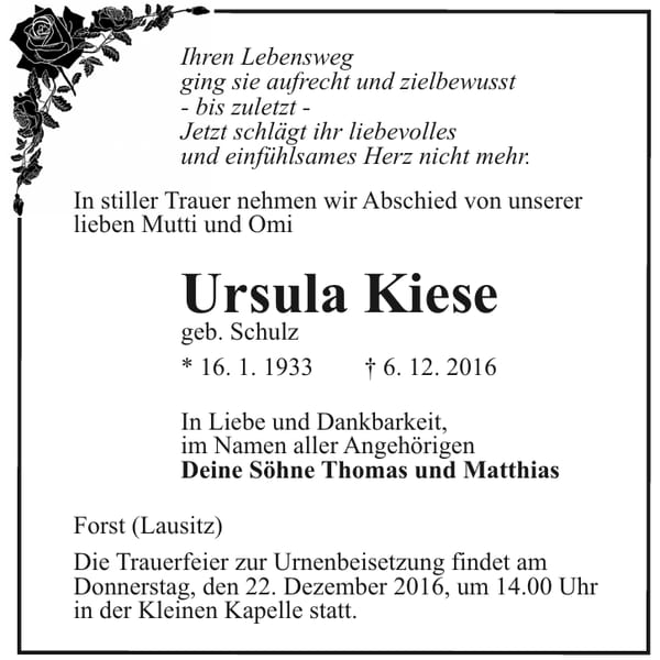 Traueranzeige Ursula Kiese, geb. Schulz
