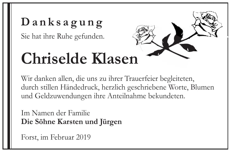 Traueranzeige Chriselde Klasen