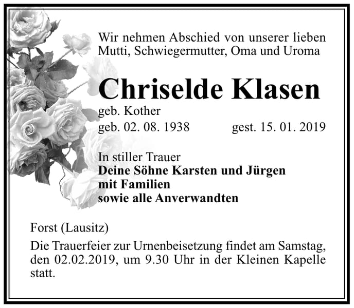 Traueranzeige Chriselde Klasen, geb. Kother