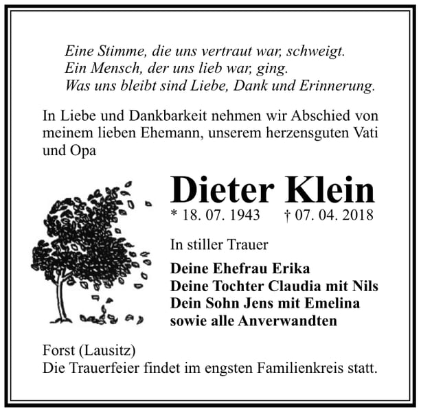 Traueranzeige Dieter Klein