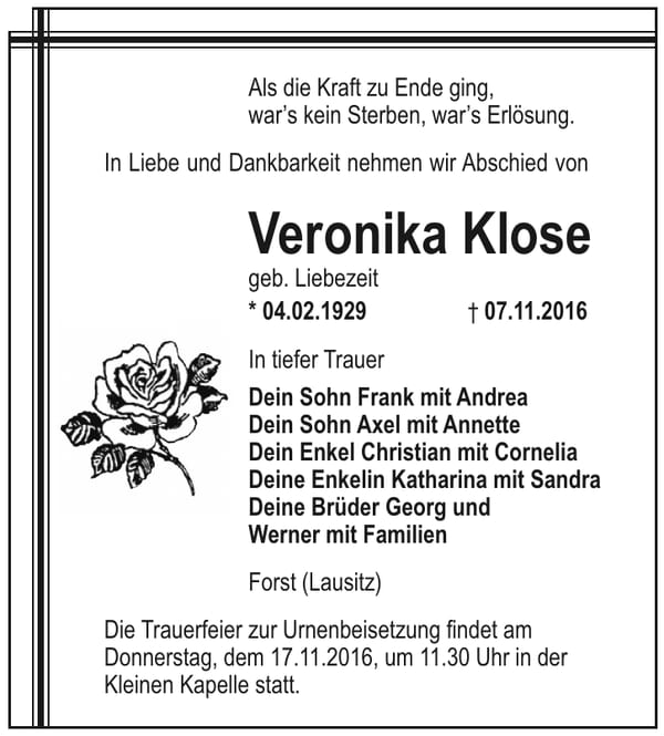 Traueranzeige Veronika Klose, geb. Liebezeit