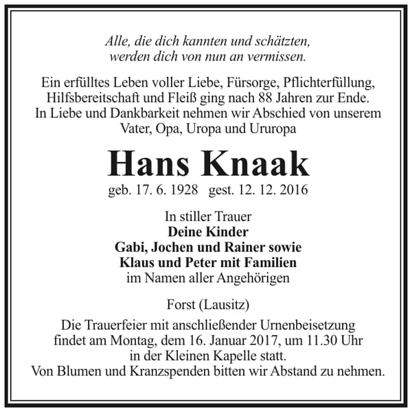 Traueranzeige Hans Knaak