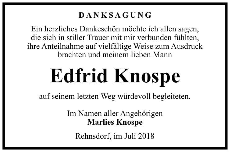 Danksagung Edfrid Knospe