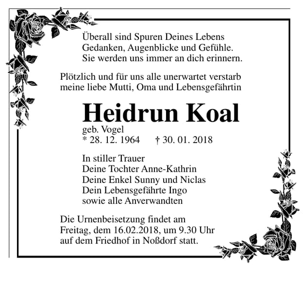 Traueranzeige Heidrun Koal, geb. Vogel