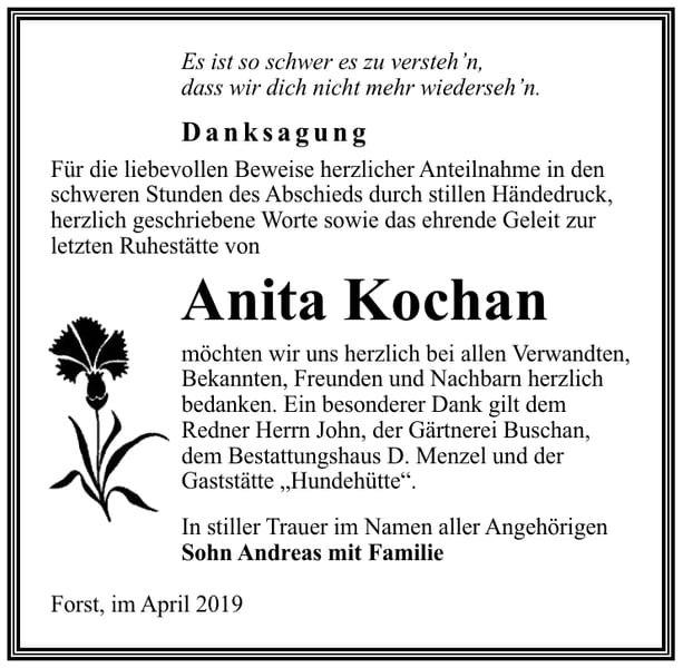 Traueranzeige Anita Kochan