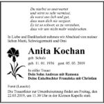 Traueranzeige Anita Kochan, geb. Schulz