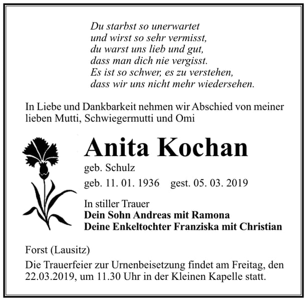 Traueranzeige Anita Kochan, geb. Schulz