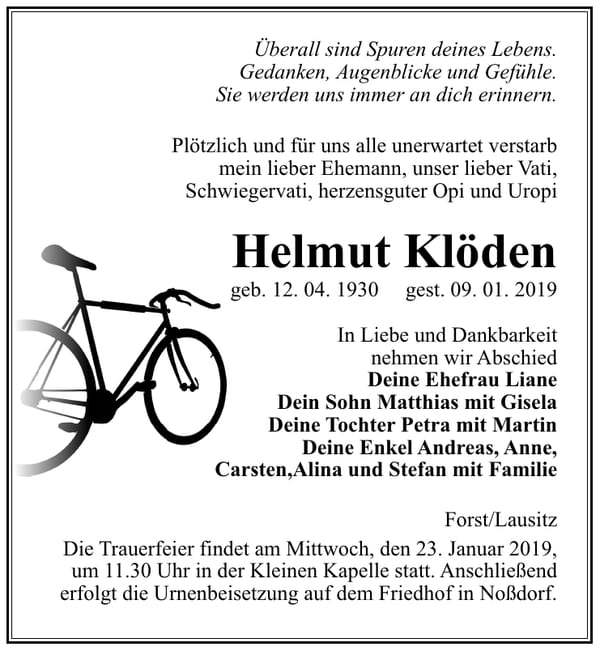 Traueranzeige Helmut Klöden