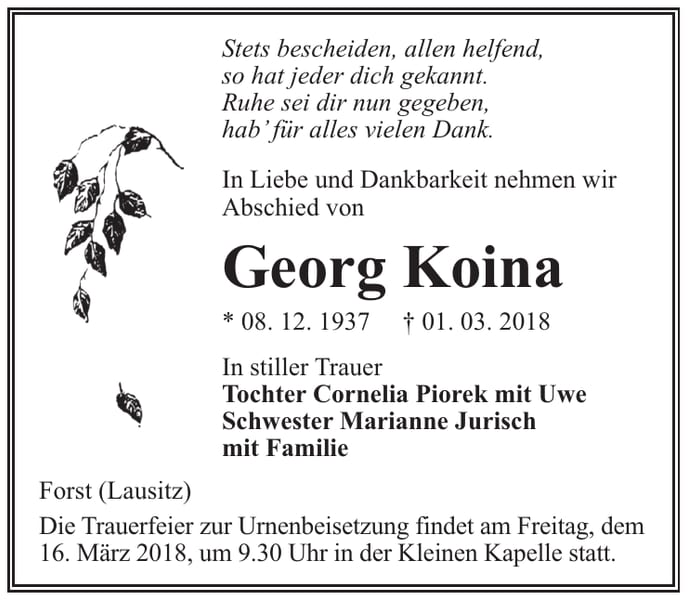 Traueranzeige Georg Koina