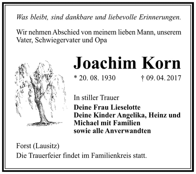 Traueranzeige Joachim Korn