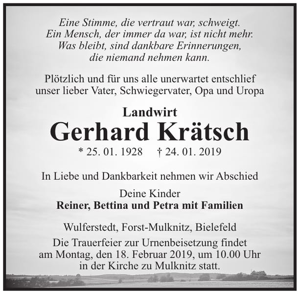Traueranzeige Gerhard Krätsch