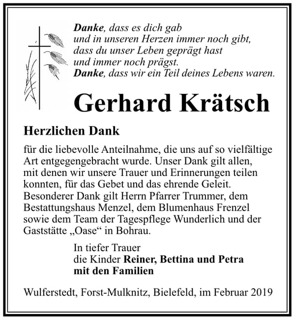 Traueranzeige Gerhard Krätsch