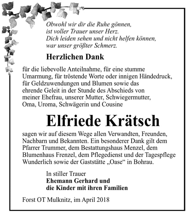 Danksagung Elfriede Krätsch