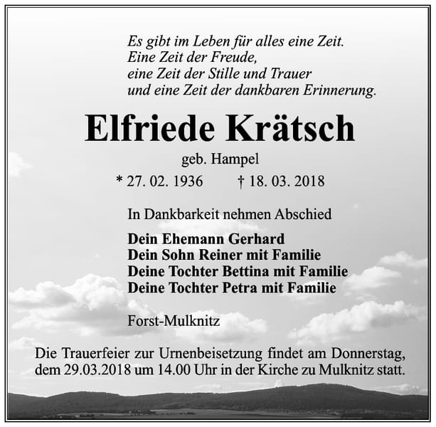 Traueranzeige Elfriede Krätsch, geb. Hampel