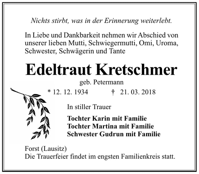 Traueranzeige Edeltraut Kretschmer, geb. Petermann