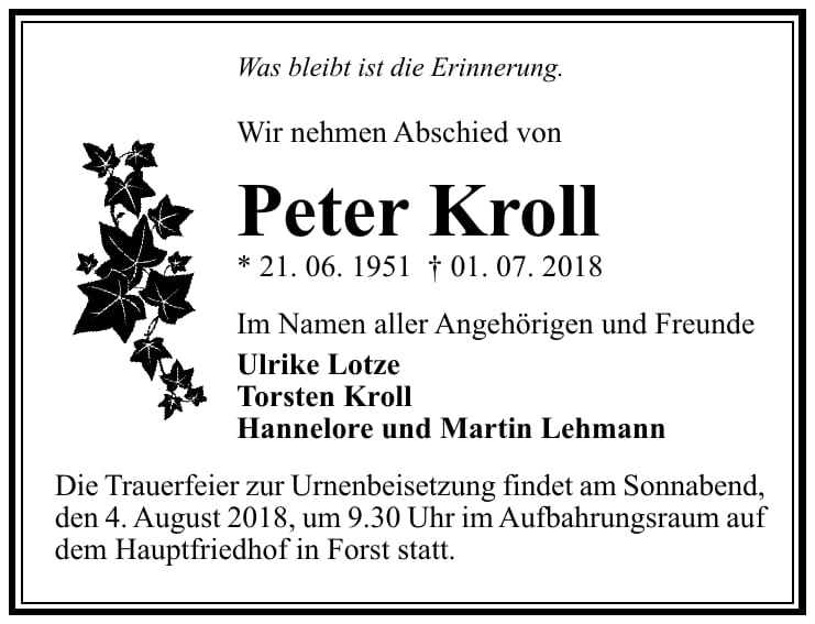 Traueranzeige Peter Kroll