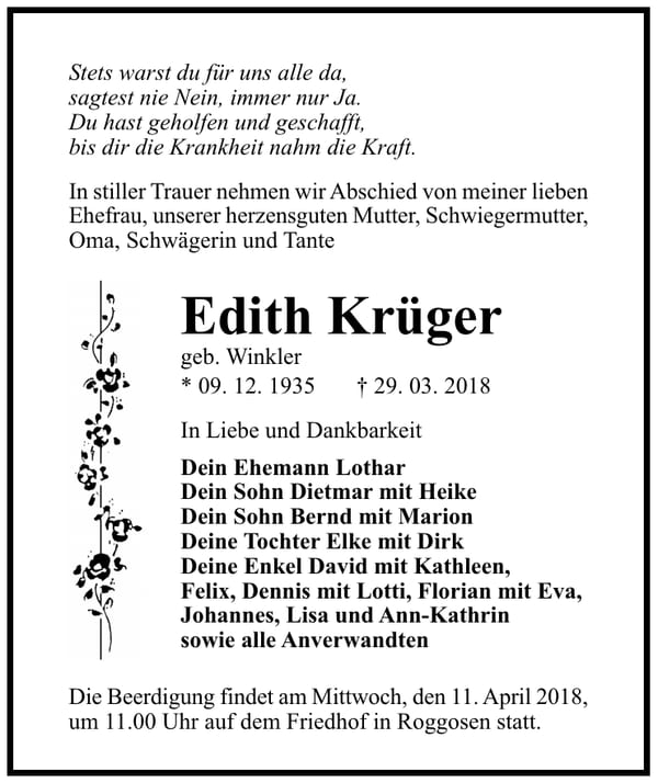 Traueranzeige Edith Krüger, geb. Winkler