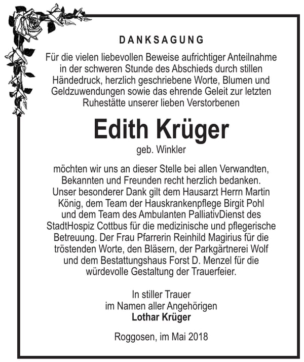 Danksagung Edith Krüger, geb. Winkler