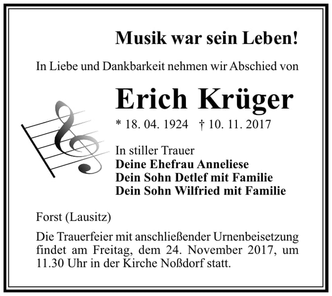 Traueranzeige Erich Krüger