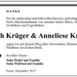Danksagung Erich Krüger und Anneliese Krüger