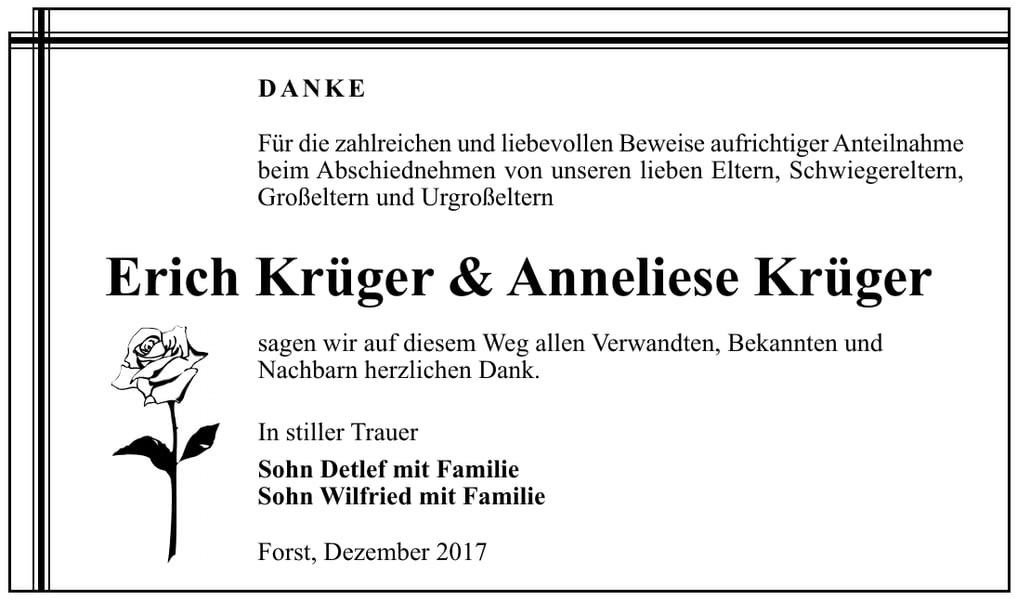 Danksagung Erich Krüger und Anneliese Krüger