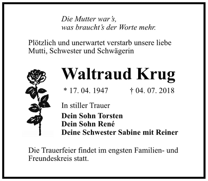 Traueranzeige Waltraud Krug