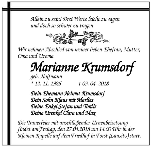 Traueranzeige Marianne Krumsdorf geb. Hoffmann