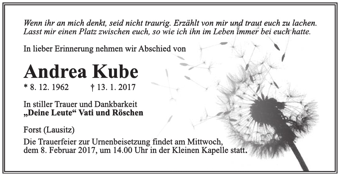 Traueranzeige Andrea Kube