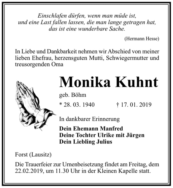 Traueranzeige Monika Kuhnt, geb. Böhm