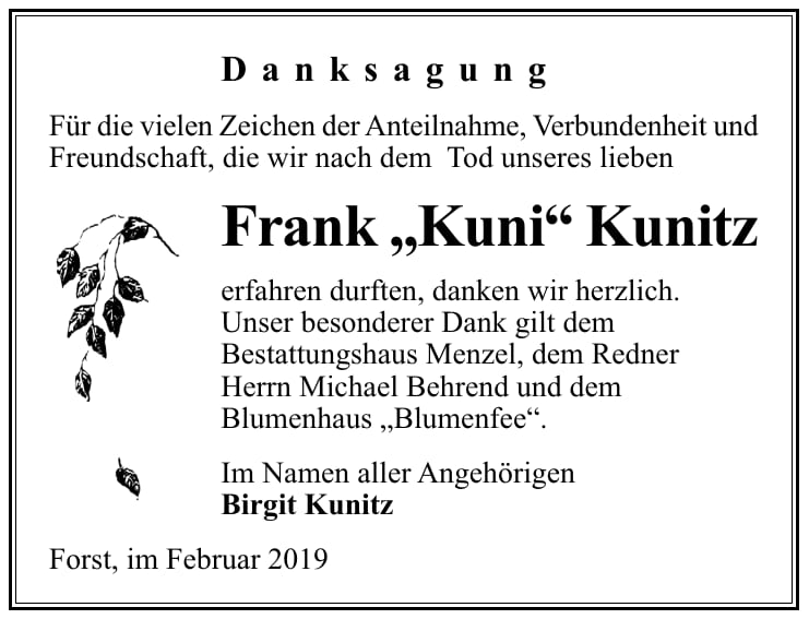 Traueranzeige Frank „Kuni“ Kunitz