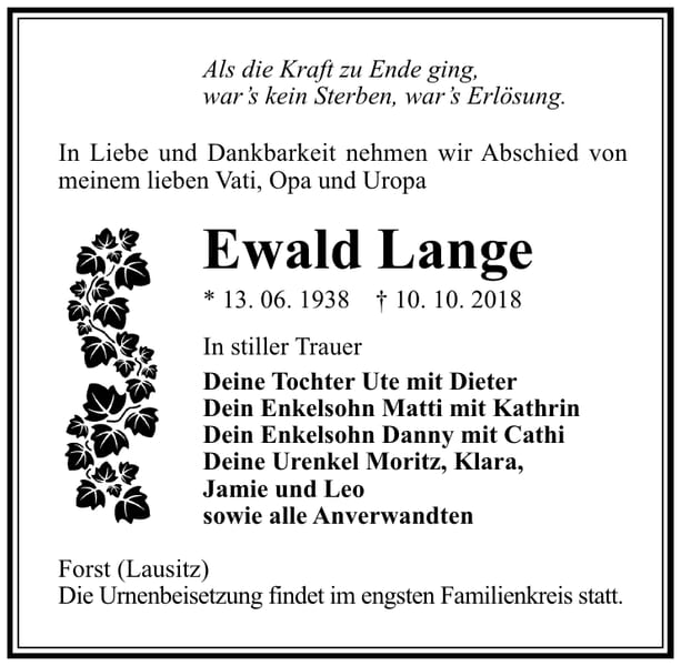 Traueranzeige Ewald Lange