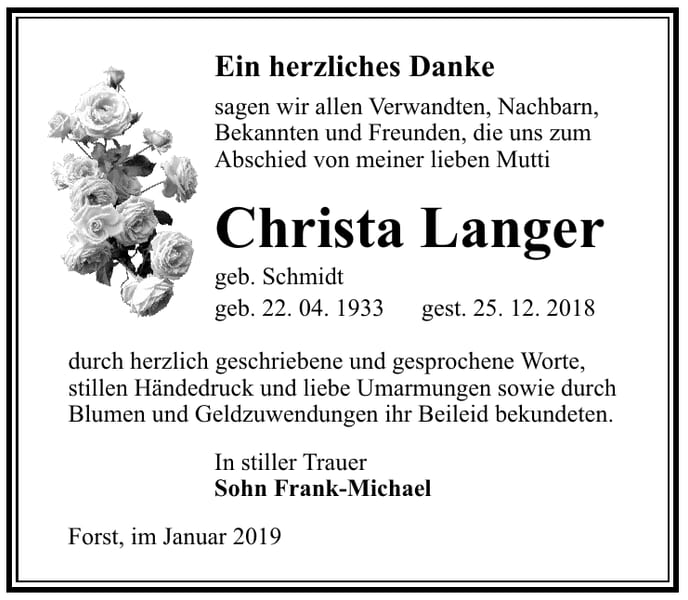 Traueranzeige Christa Langer, geb. Schmidt